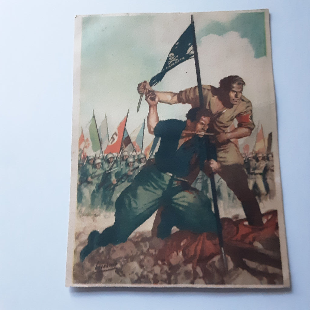 Rare WW2 Italian National Fascist Party postcard depicting Nazi propaganda